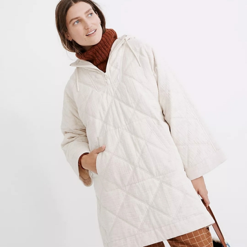 Madewell Ivory Quilted Hooded Pullover Coat